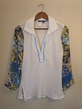 Vintage Rampage Blouse Womens Large White Multicolor Sheer Sleeve Made In USA